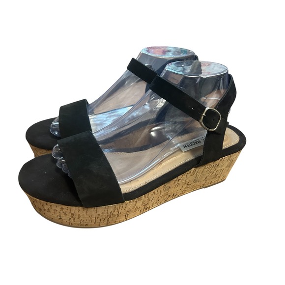 Steve Madden Black Suede Cork Wedge Platform Ankle Strap Sandals Size 10M - Picture 3 of 8